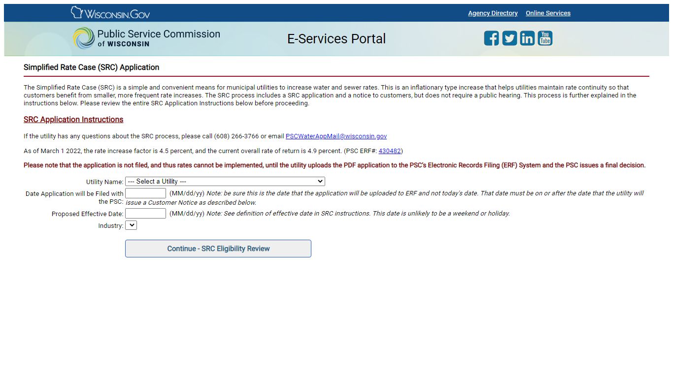 PSC - Simplified Rate Case Application (SRC) - Wisconsin